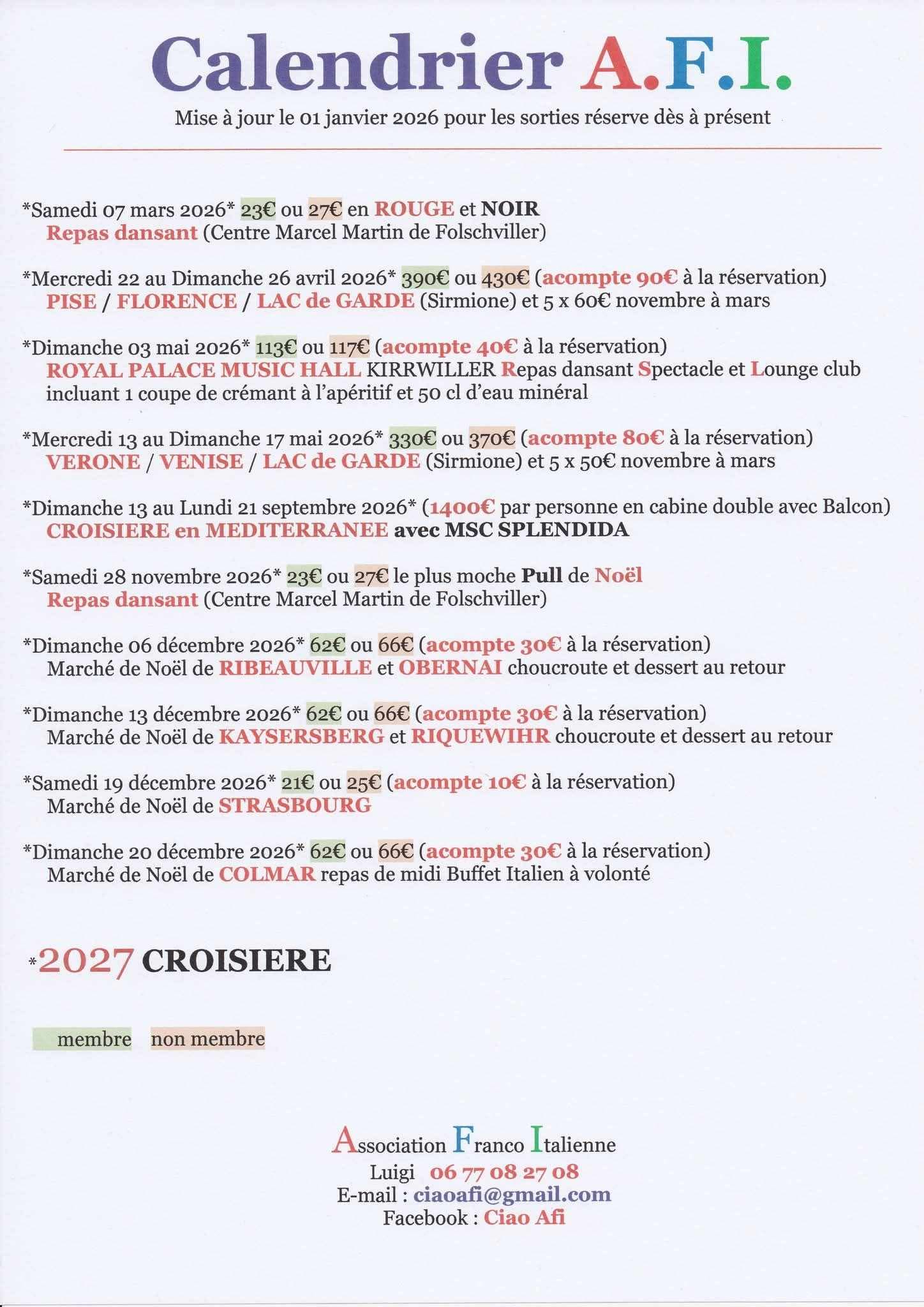 Calendrier 2026 de l’Association Franco-Italienne (AFI) de Folschviller